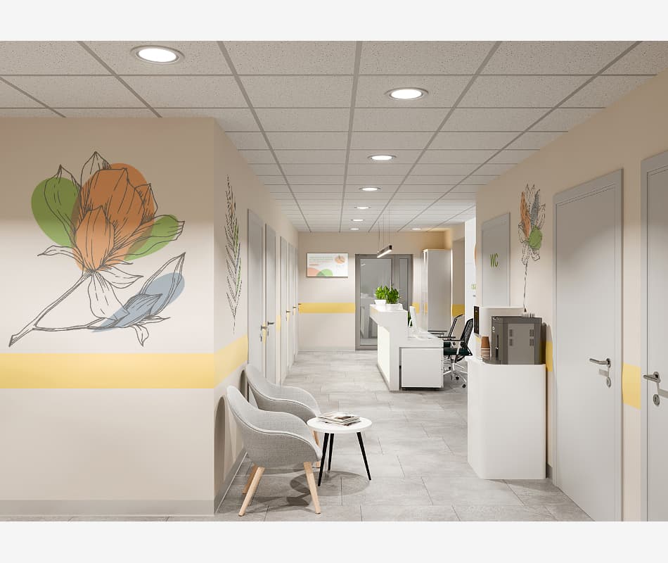 Дизайн оформления стен в интерьере отделения «Косметология» клиники Скандинавия